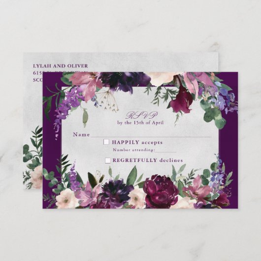 Aubergine Paarse Bloemen Bruiloft RSVP invoegen (Voorkant / Achterkant)