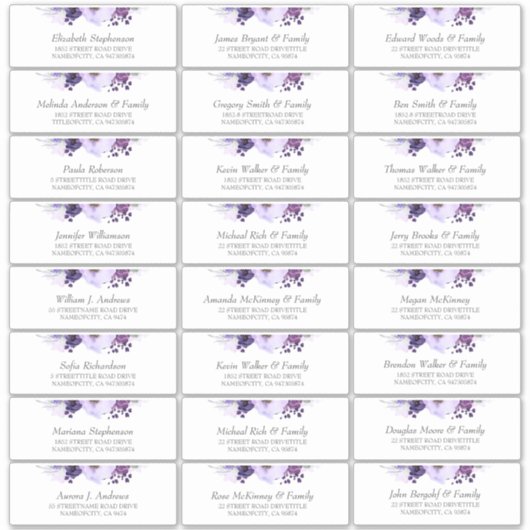 Aubergine paarse bloemen gastennamen Adresetikette Sticker (Voorkant)