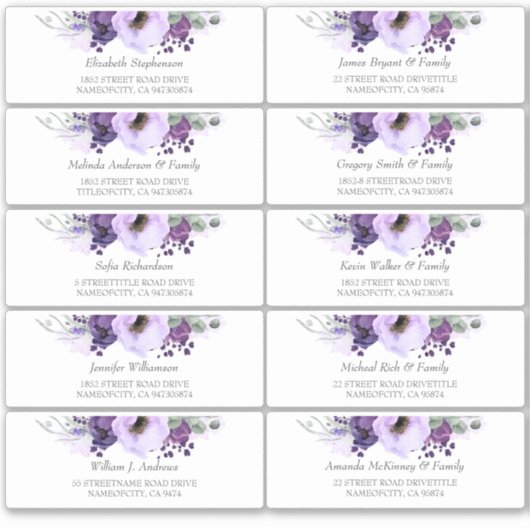 Aubergine paarse bloemen gastennamen Adresetikette Sticker (Voorkant)