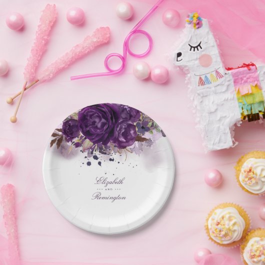 Aubergine Paarse bloemig Papieren Bordje (Feest)