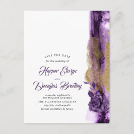 Aubergine Paarse en gouden glitter Save the Date Aankondigingskaart