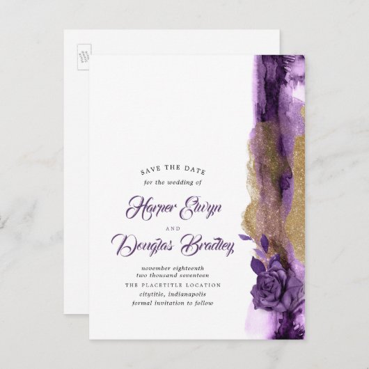 Aubergine Paarse en gouden glitter Save the Date Aankondigingskaart (Voorkant / Achterkant)