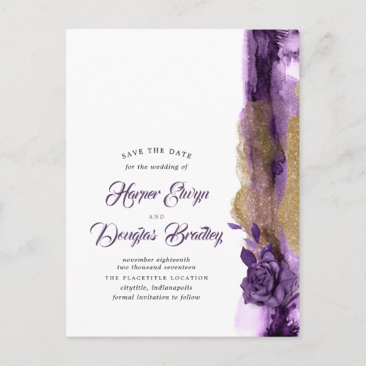 Aubergine Paarse en gouden glitter Save the Date Aankondigingskaart (Voorkant)