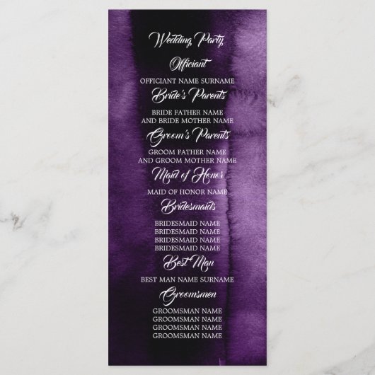 Aubergine Paarse en gouden Glitter Trouwprogramma' Programmakaart (Achterkant)