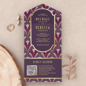 Aubergine Paarse Gouden Art Deco QR Code Bruiloft All In One Uitnodiging