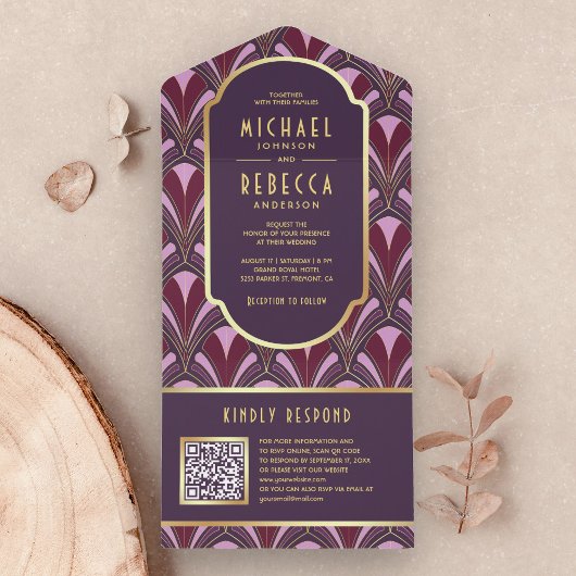 Aubergine Paarse Gouden Art Deco QR Code Bruiloft All In One Uitnodiging