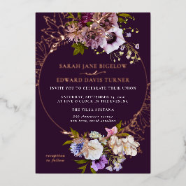 Aubergine Paarse pruimenbloem Folie Uitnodiging