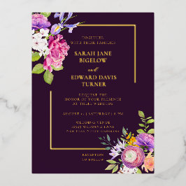 Aubergine Paarse Ranunculus Bloem Folie Uitnodiging Briefkaart