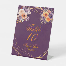 Aubergine Paarse Sinaasappel Bloemen Tafel Nummer Reclamebord Met Voetstuk