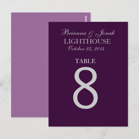 Aubergine Paarse & Zilveren Trouwtafel Nummer Kaar Briefkaart (Voorkant / Achterkant)