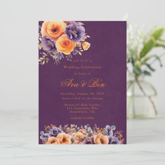 Aubergine Plum Sinaasappel Bloemen Bruiloft Vierin Kaart (Staand voorkant)
