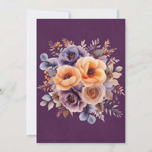 Aubergine Plum Sinaasappel Bloemen Bruiloft Vierin Kaart (Achterkant)