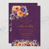 Aubergine Plum Sinaasappel Bloemen Bruiloft Vierin Kaart (Voorkant / Achterkant)