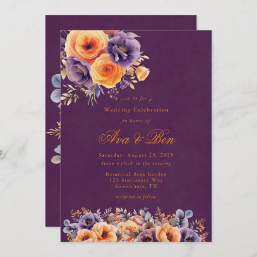Aubergine Plum Sinaasappel Bloemen Bruiloft Vierin Kaart (Voorkant / Achterkant)