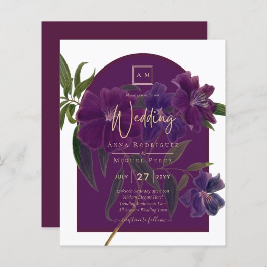 Aubergine Pruim Paars Bloemmotief Bosgroen Trouwda (Voorkant / Achterkant)