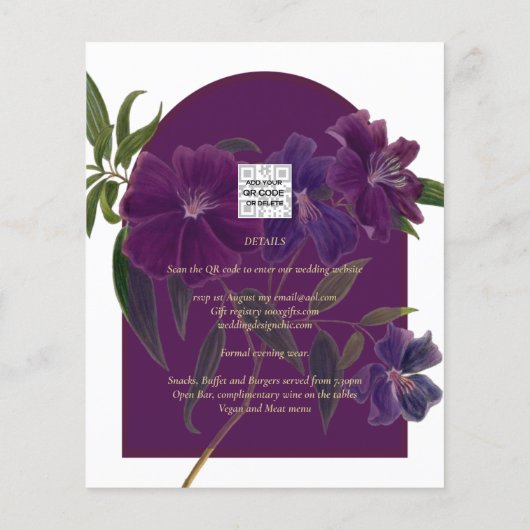 Aubergine Pruim Paars Bloemmotief Bosgroen Trouwda Flyer (Achterkant)