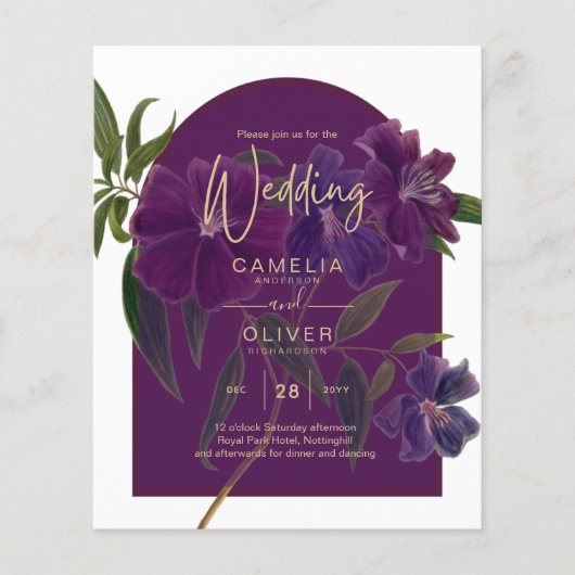 Aubergine Pruim Paars Bloemmotief Bosgroen Trouwda Flyer (Voorkant)