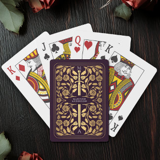 Aubergine Royal Medieval Gold Sword Monogram Pokerkaarten