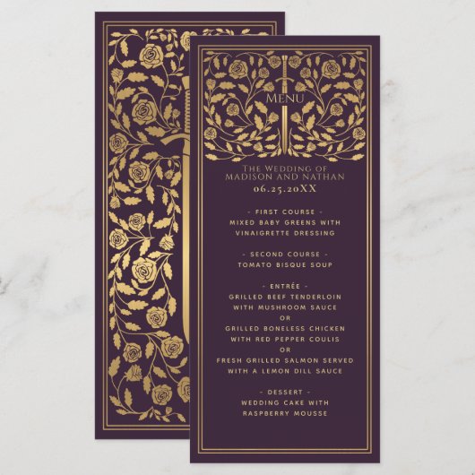 Aubergine Royal Medieval Sword Wedding Flat Menu (Voorkant / Achterkant)