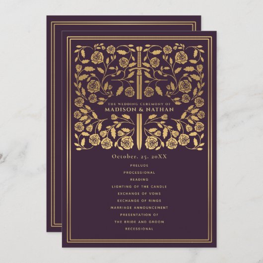Aubergine Royal Medieval Sword Wedding Program Programmakaart (Voorkant / Achterkant)