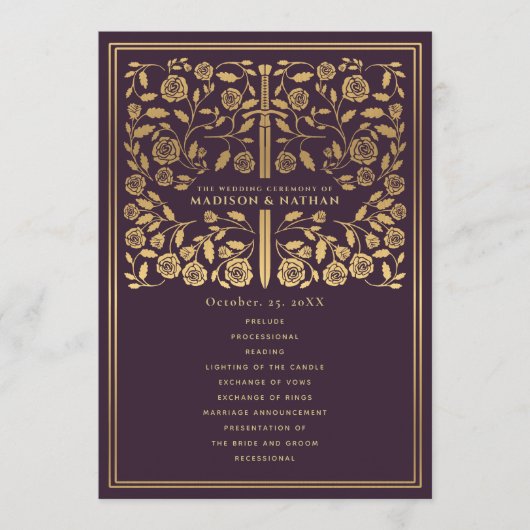 Aubergine Royal Medieval Sword Wedding Program Programmakaart (Voorkant)