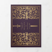 Aubergine Royal Medieval Sword Wedding QR Code Drieluik Uitnodiging (Cover)