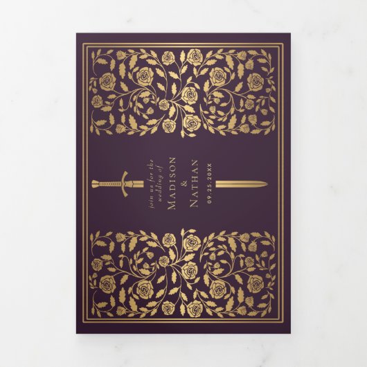 Aubergine Royal Medieval Sword Wedding QR Code Drieluik Uitnodiging (Cover)