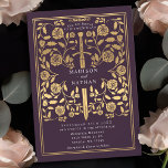 Aubergine Royal middeleeuwse gouden zwaard bruilof Kaart<br><div class="desc">Zet de toon voor uw middeleeuwse fantasie bruiloft met een gedurfde uitnodiging ontwerp-een groot gouden zwaard omgeven door bloemen tegen een aubergine achtergrond. Perfect voor koppels die dromen van een episch, romantisch feest. Maak je liefdesverhaal vanaf het eerste gezicht legendarische! OPMERKING: het goud in dit ontwerp is GEEN echte folie....</div>
