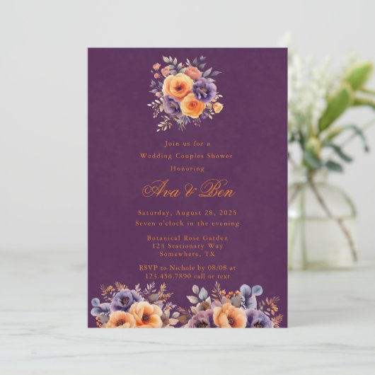 Aubergine Sinaasappel Bloemen Bruiloft Koppels Dou Kaart (Staand voorkant)