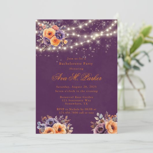 Aubergine Sinaasappel Bloemenverlichting Bachelore Kaart (Staand voorkant)