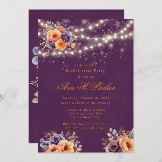 Aubergine Sinaasappel Bloemenverlichting Bachelore Kaart (Voorkant / Achterkant)
