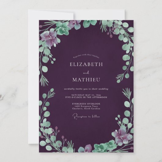 Aubergine Zeeschuim Loof Eucalyptus Bruiloft Kaart (Voorkant)