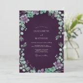 Aubergine Zeeschuim Loof Eucalyptus Bruiloft Kaart (Staand voorkant)