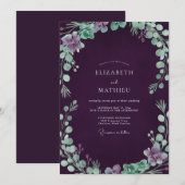 Aubergine Zeeschuim Loof Eucalyptus Bruiloft Kaart (Voorkant / Achterkant)