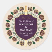 Aubergine Zwaard Schild Fantasy Monogram Huwelijk Ronde Sticker (Voorkant)