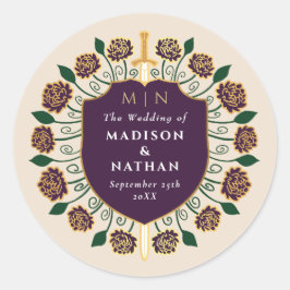 Aubergine Zwaard Schild Fantasy Monogram Huwelijk Ronde Sticker