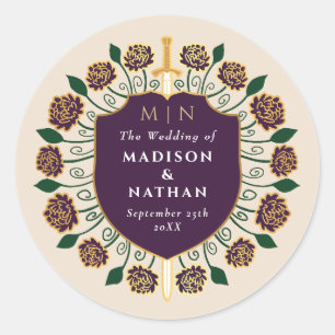 Aubergine Zwaard Schild Fantasy Monogram Huwelijk Ronde Sticker