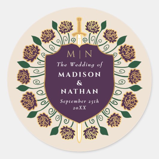 Aubergine Zwaard Schild Fantasy Monogram Huwelijk Ronde Sticker (Voorkant)