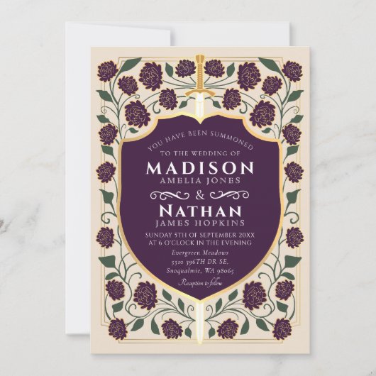 Aubergine Zwaard Schild Fantasy Wedding QR Code Kaart (Voorkant)