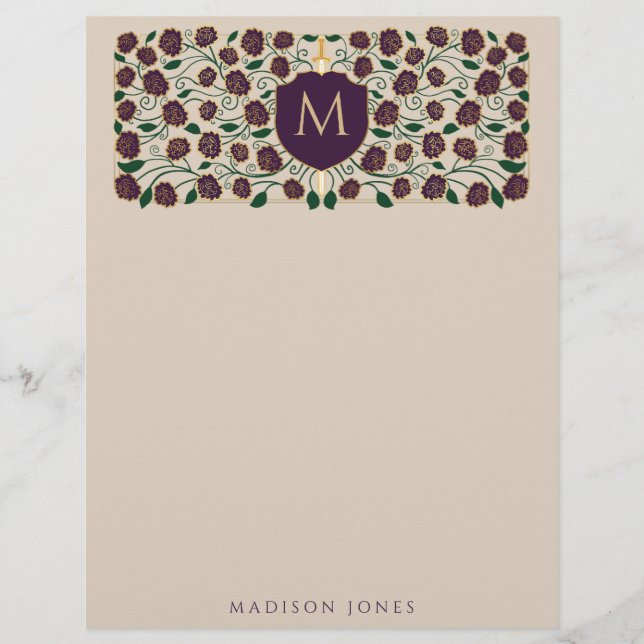 Aubergine Zwaard & Schild Middeleeuwse Fantasy Mon Briefhoofd (Voorkant)