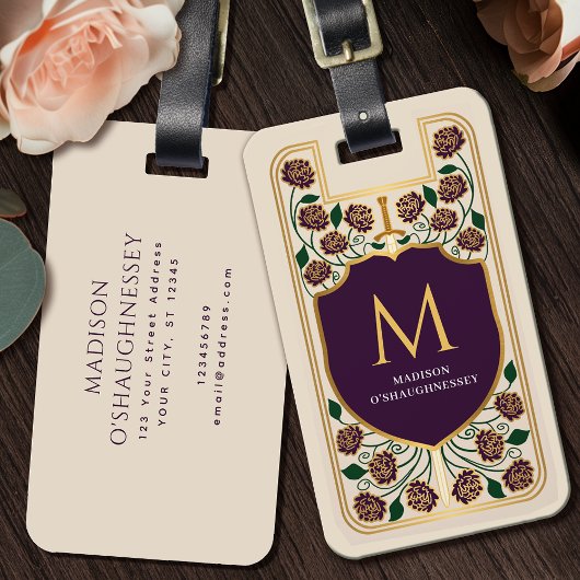 Aubergine Zwaard Schild Middeleeuwse Fantasy Monog Bagagelabel