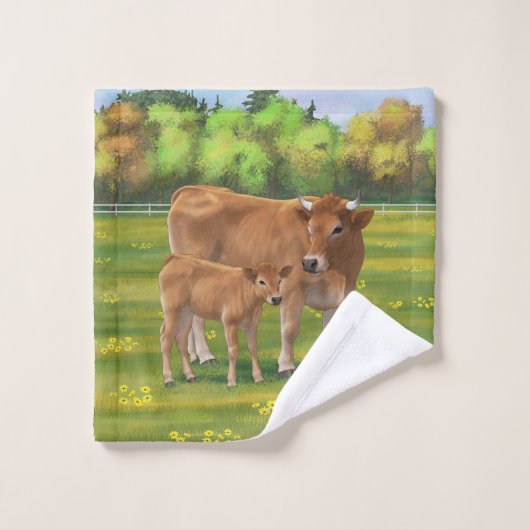 Aubrac-Koe en Cute Calf in lentepastuur Bad Handdoek (Wasdoekje)