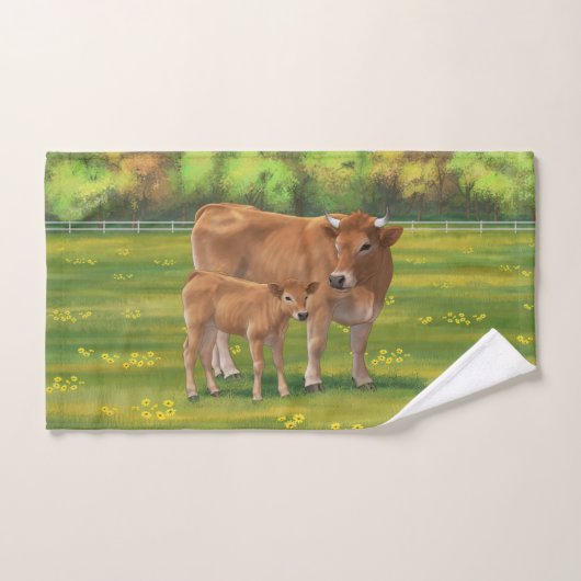 Aubrac-Koe en Cute Calf in lentepastuur Bad Handdoek (Handdoek)