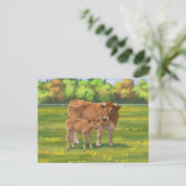 Aubrac-Koe en Cute Calf in lentepastuur Briefkaart (Staand voorkant)