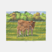 Aubrac-Koe en Cute Calf in lentepastuur Fleece Deken (Voorkant (Horizontaal))