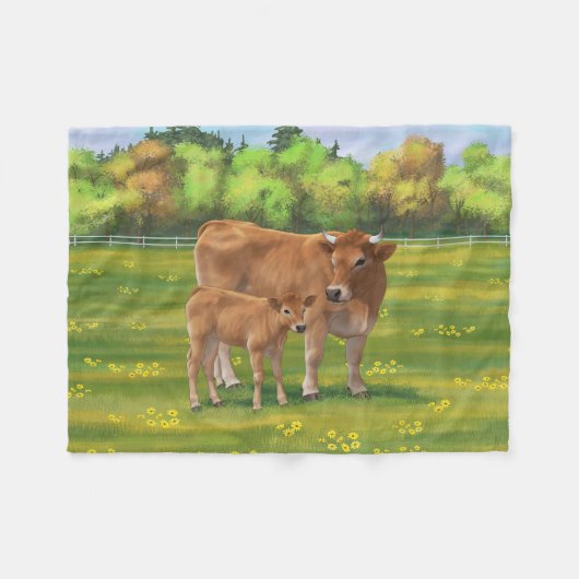 Aubrac-Koe en Cute Calf in lentepastuur Fleece Deken (Voorkant (Horizontaal))