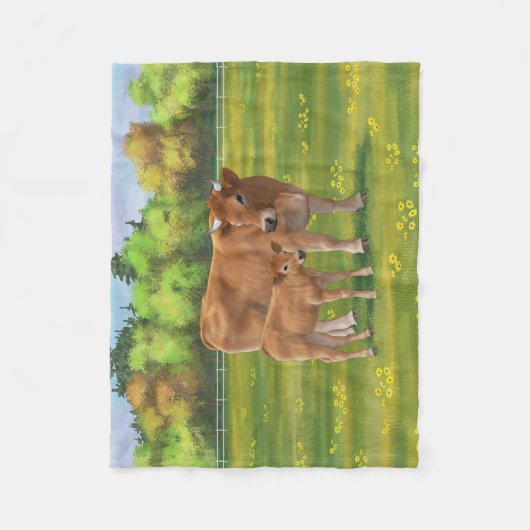 Aubrac-Koe en Cute Calf in lentepastuur Fleece Deken (Voorkant)