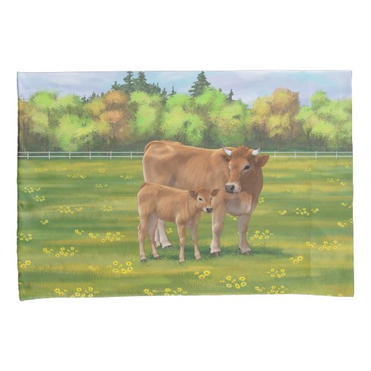 Aubrac-Koe en Cute Calf in lentepastuur Kussensloop (Voorkant-Rechts)