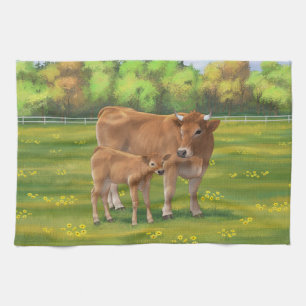 Aubrac-Koe en Cute Calf in lentepastuur Theedoek