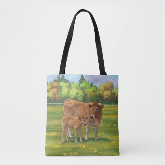 Aubrac-Koe en Cute Calf in lentepastuur Tote Bag (Voorkant)